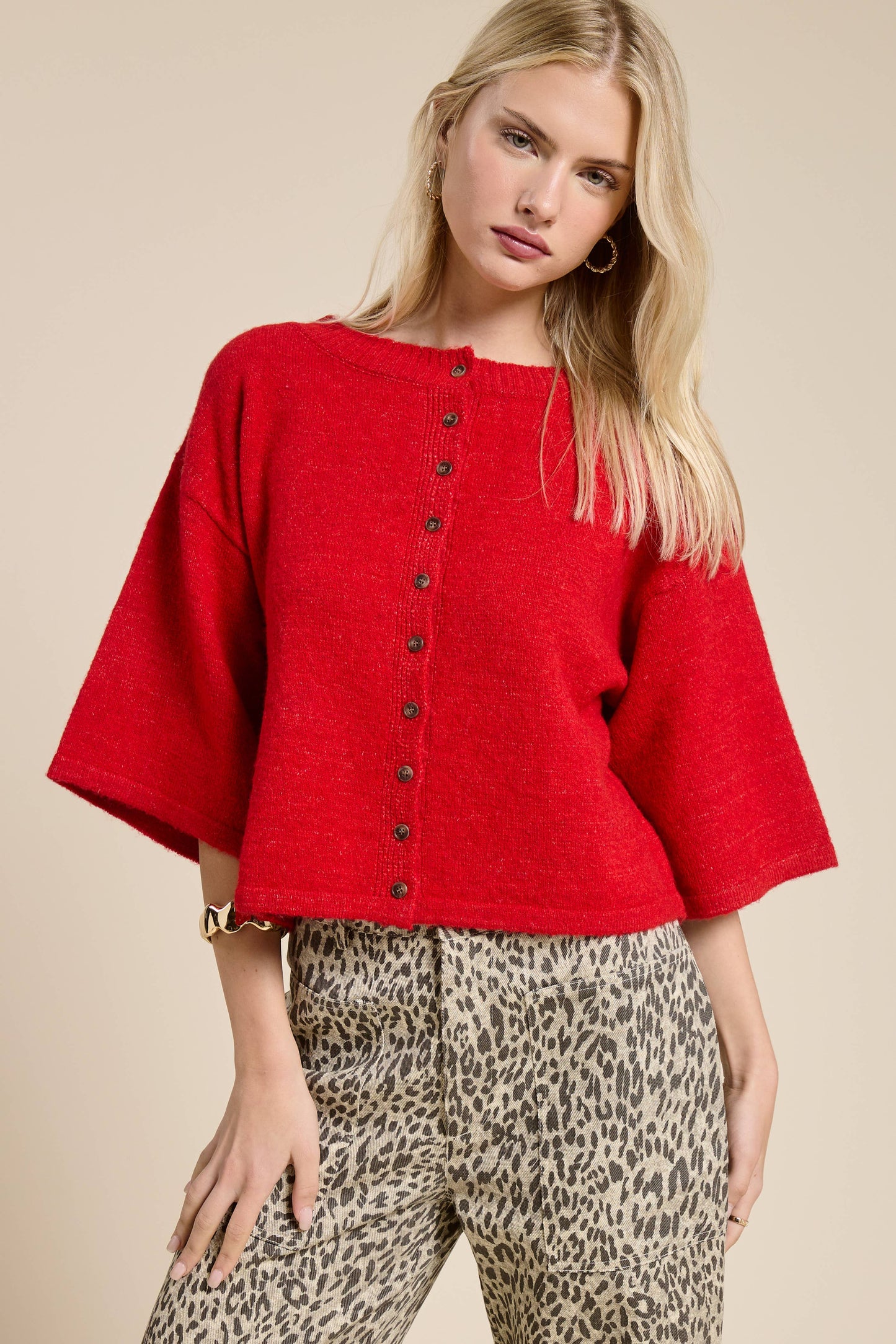 Button Front Short Sleeve Knit Cardigan
