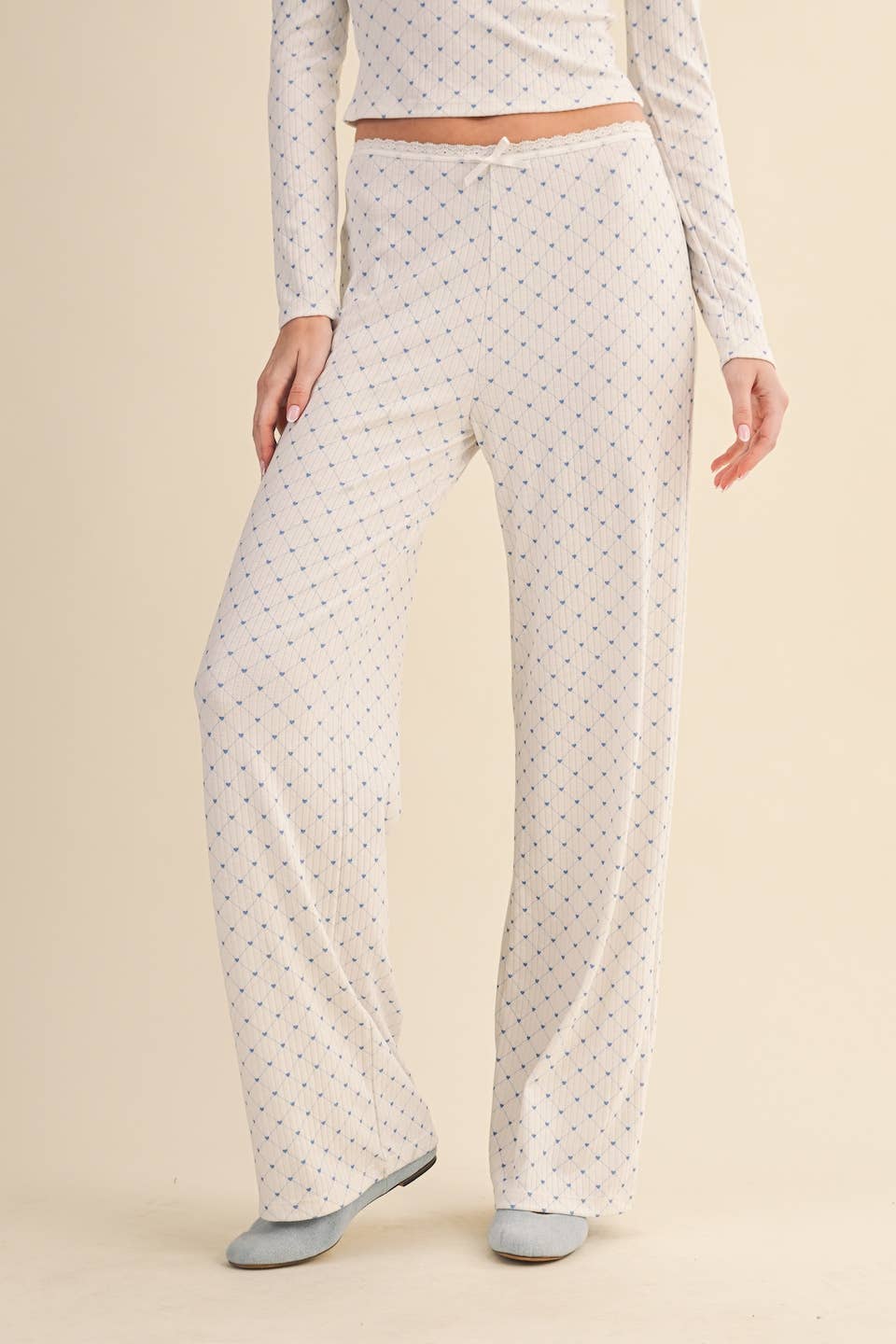 Heart Print Pointelle Lounge Set with Picot Lace Trim