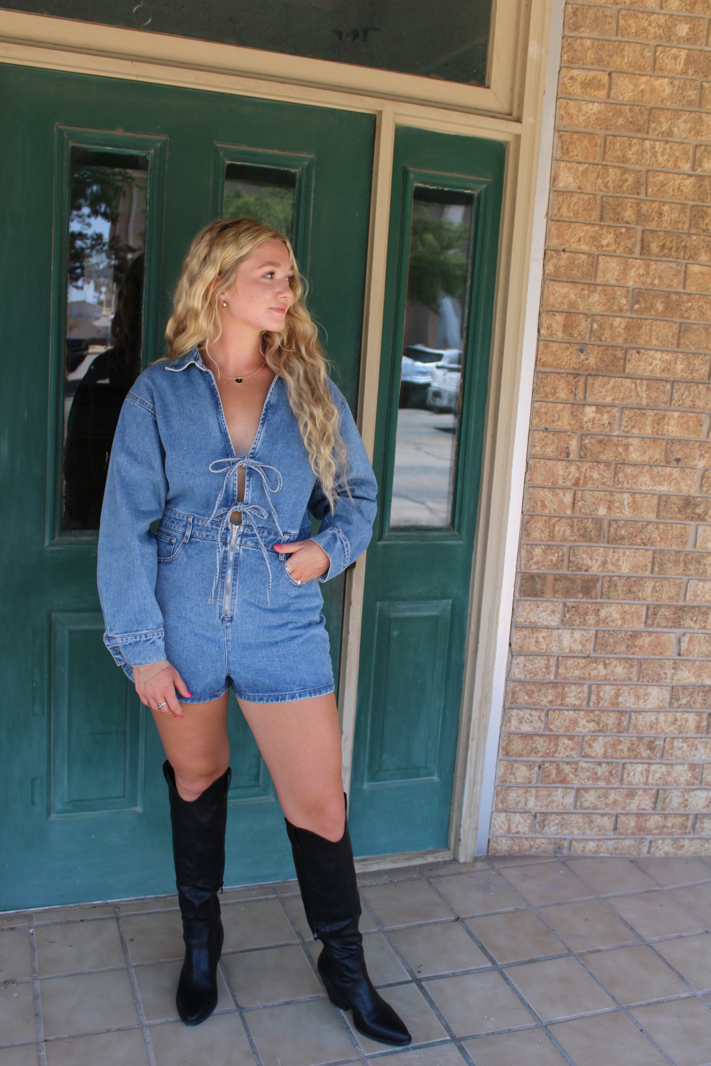 All Tied Up Denim Romper