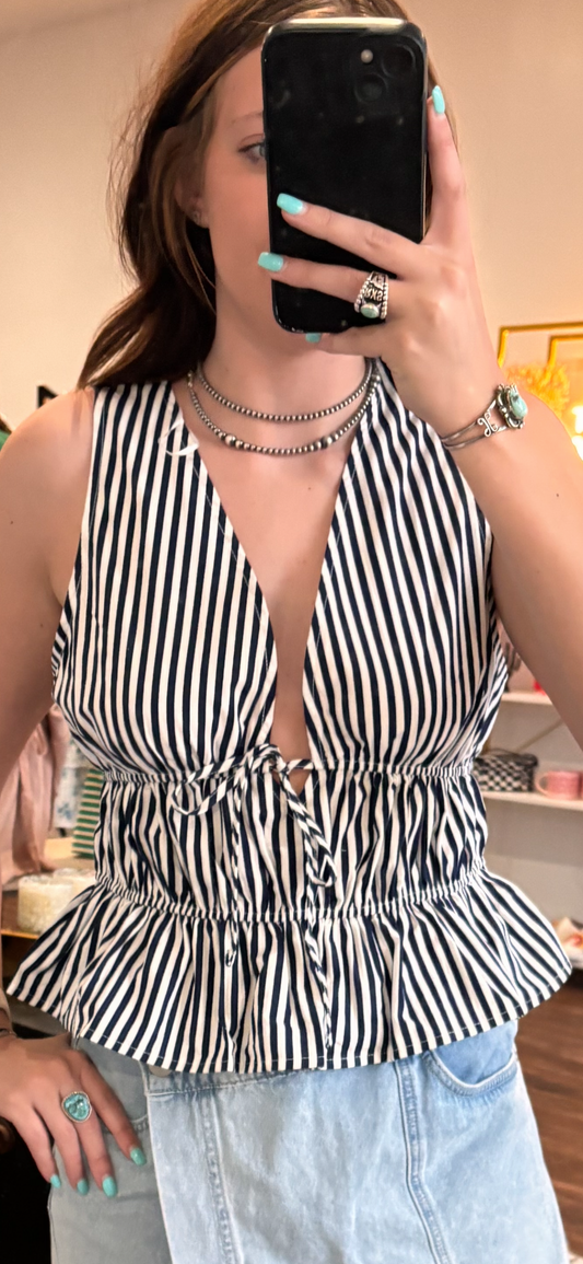Striped Tie Front Peplum Sleeveless Top