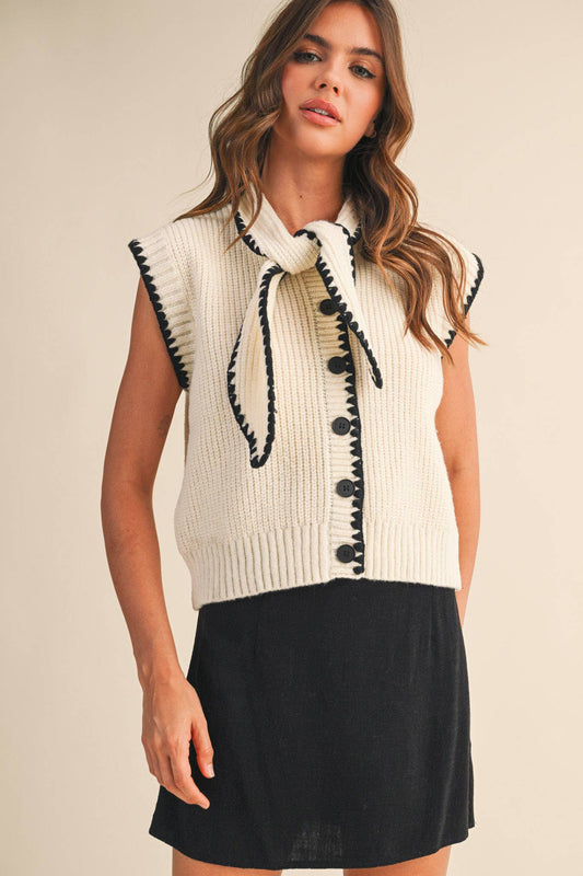 TIE NECK SWEATER VEST WITH CONTRAST BLANKET STITCH MSW11059
