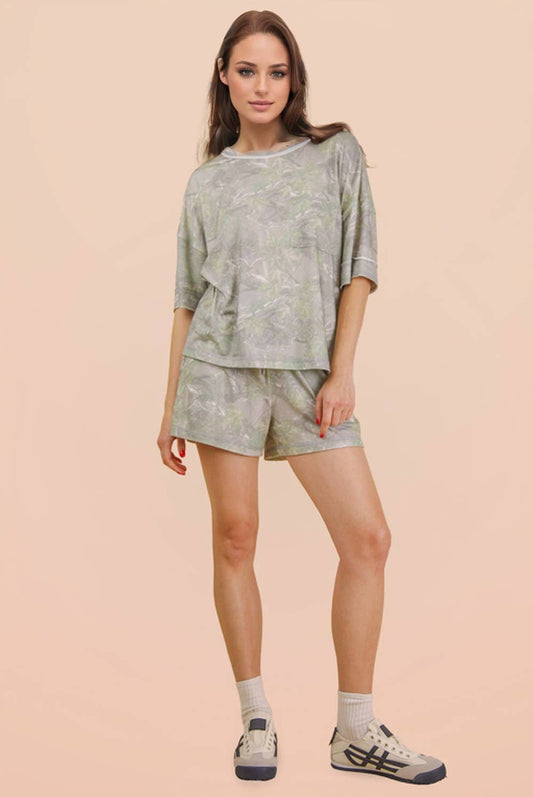 NT12458SET-Camo Print Casual Knit Top & Shorts Set