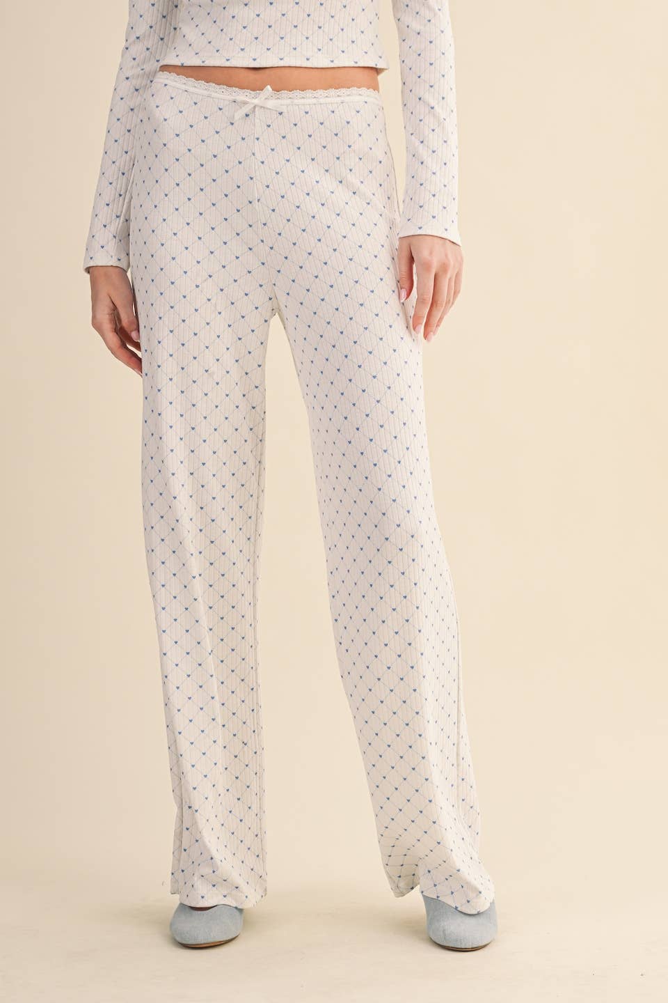 Heart Print Pointelle Lounge Set with Picot Lace Trim