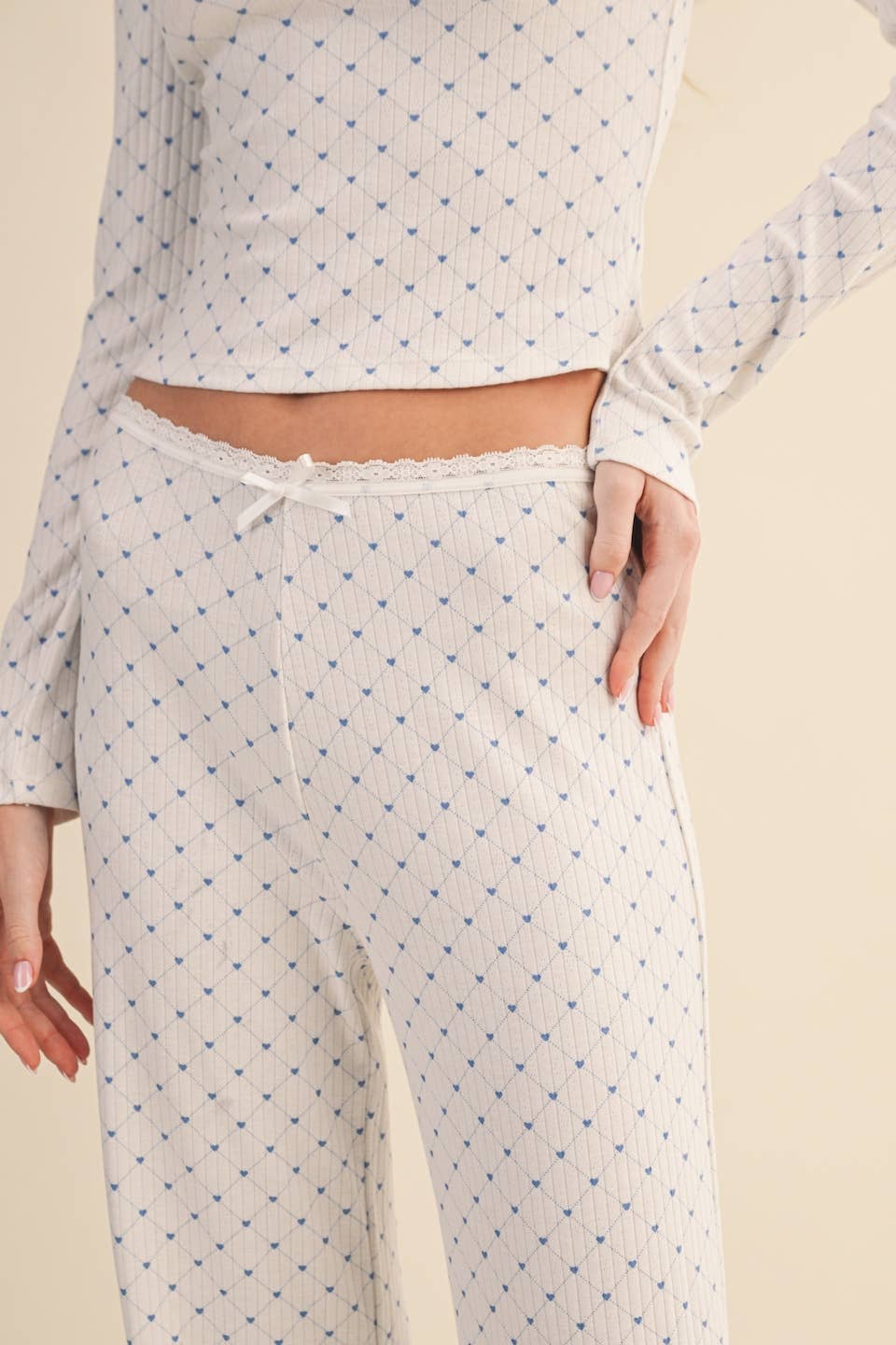 Heart Print Pointelle Lounge Set with Picot Lace Trim