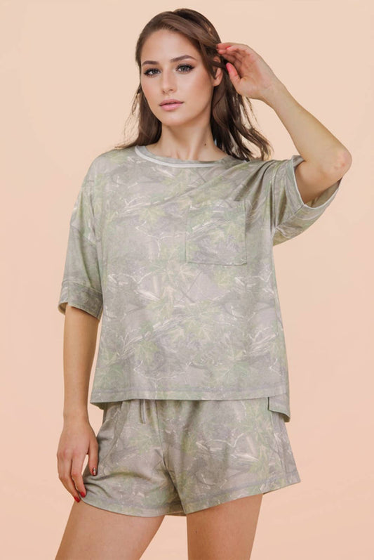 NT12458SET-Camo Print Casual Knit Top & Shorts Set