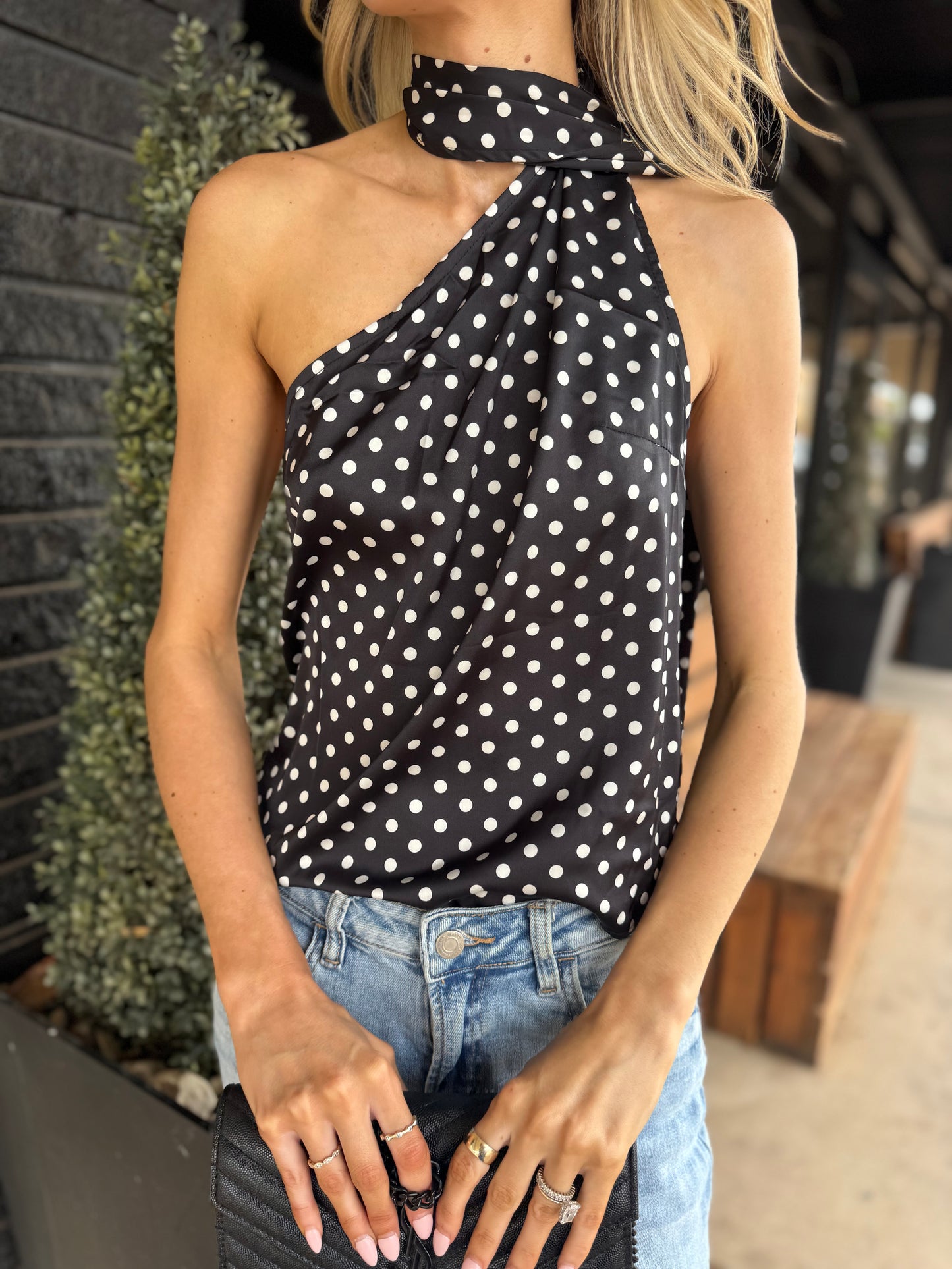 Dot printed one shoulder top with scarf