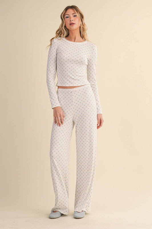 Heart Print Pointelle Lounge Set with Picot Lace Trim