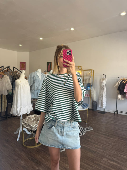 Striped Drop Shoulder Tee in Forest
