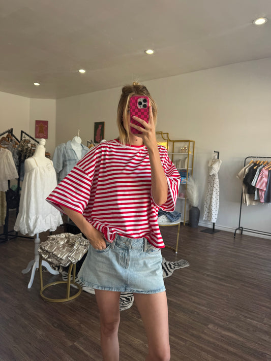 Striped Drop Shoulder Tee in Cherry