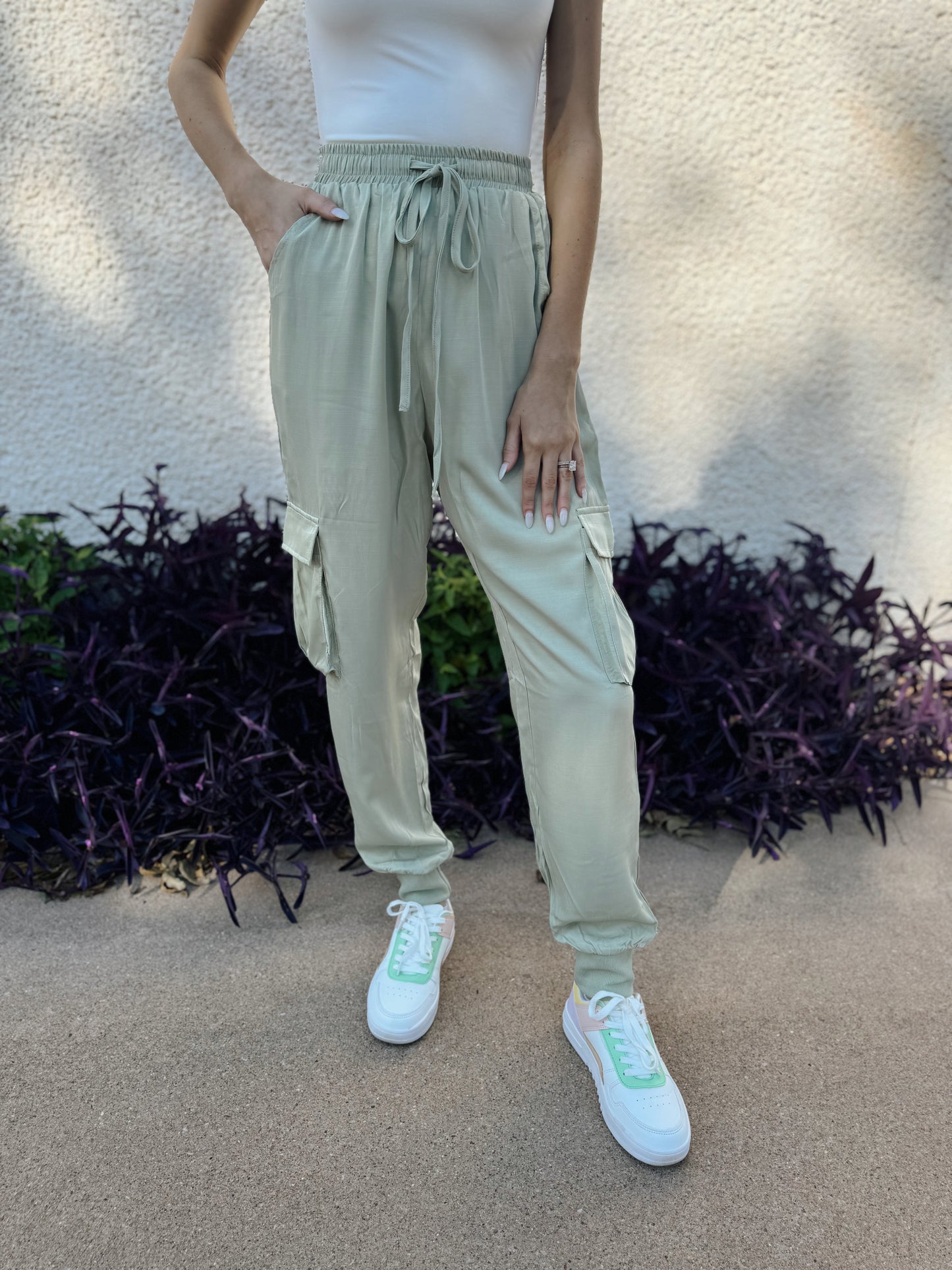 Sage Green Satin Cargo Pants