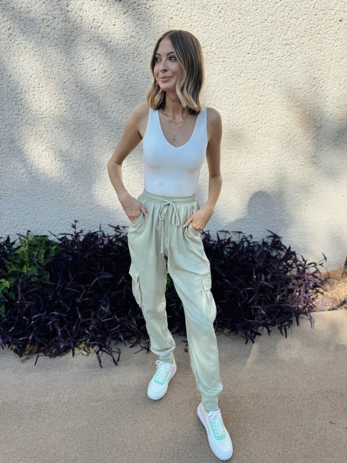 Sage Green Satin Cargo Pants