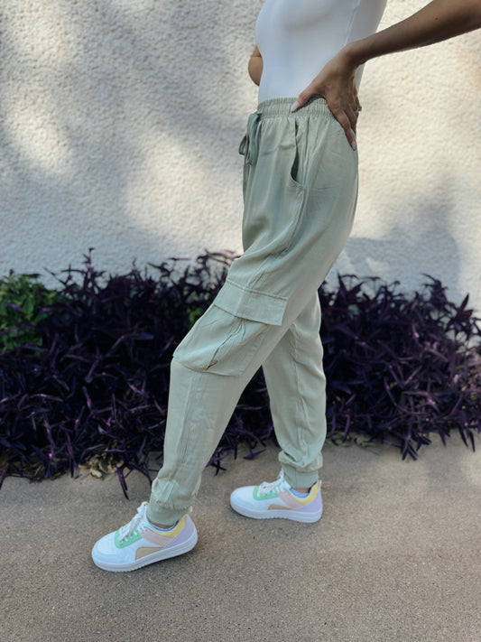 Sage Green Satin Cargo Pants