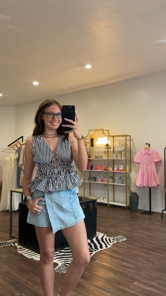 Striped Tie Front Peplum Sleeveless Top
