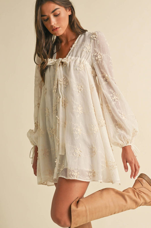 Sheer Floral Mini Dress with Balloon Sleeves